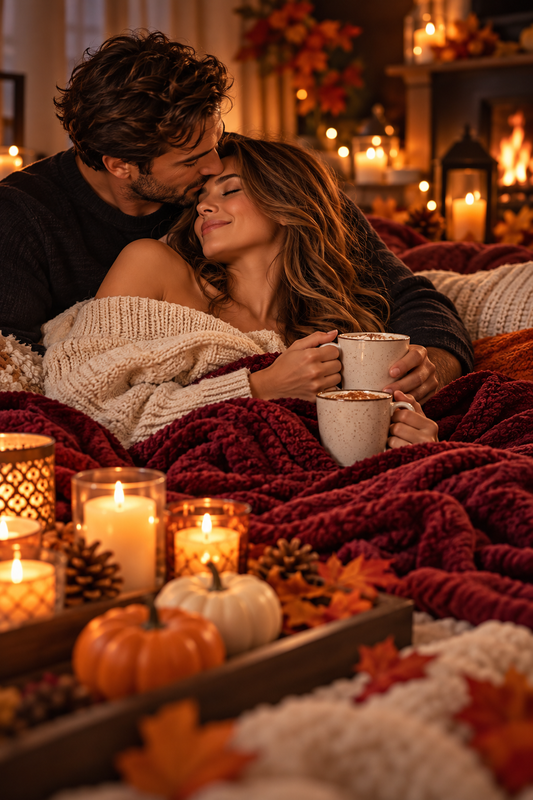 ozy fall date night at home with candles, blankets and autumn decorations