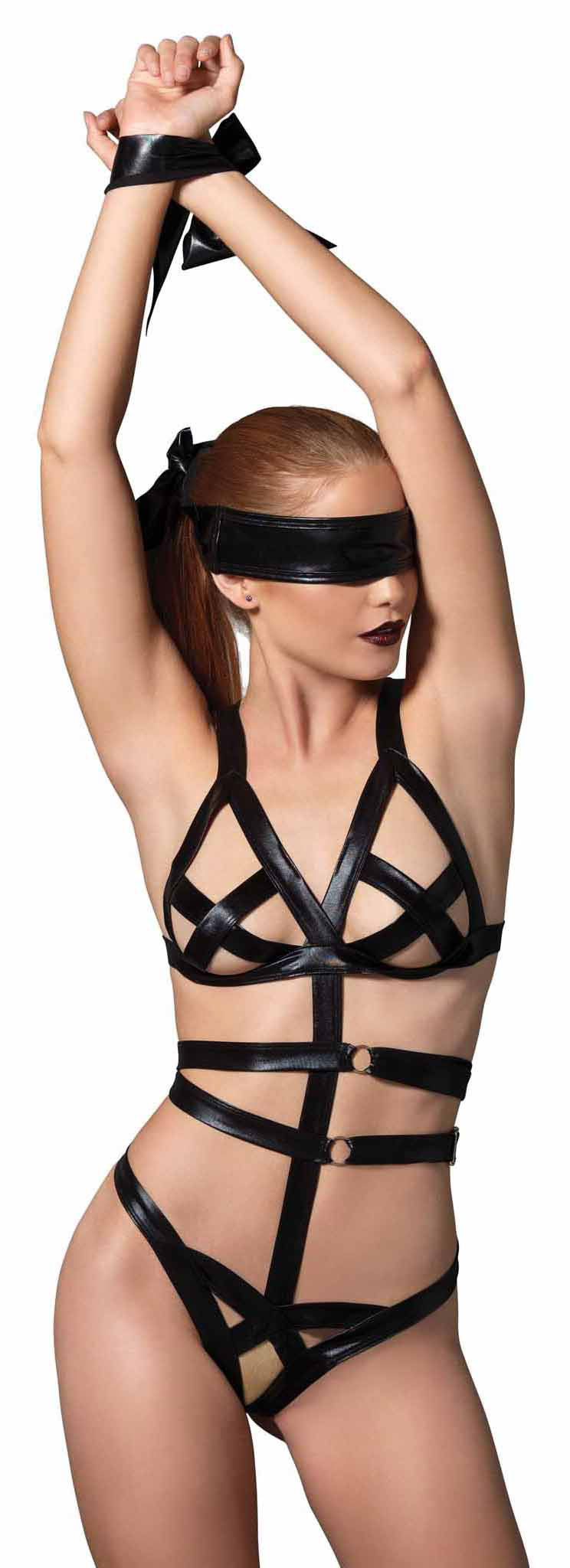 3 Piece Wet Look Bondage G-String Teddy with Restraints